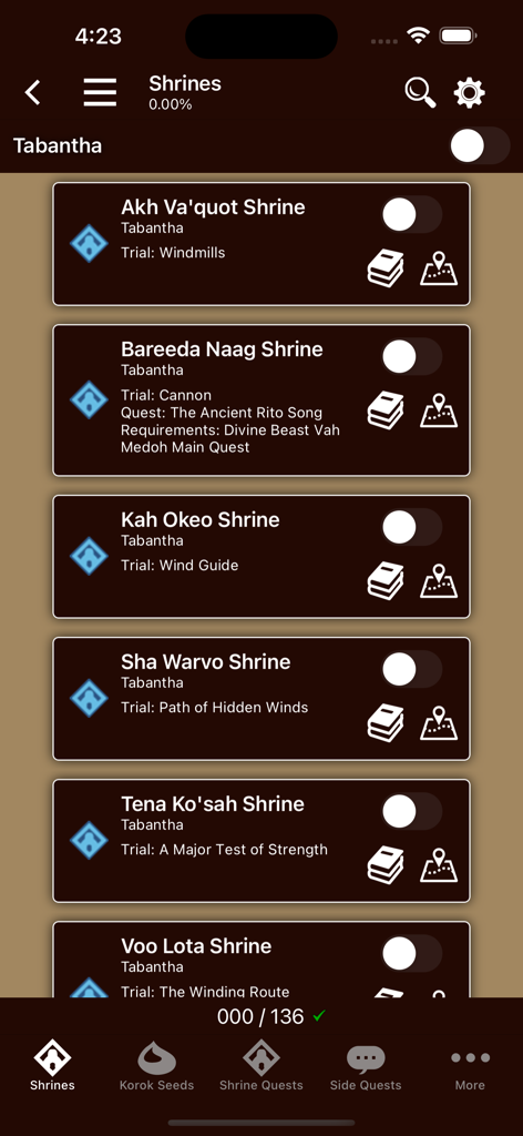 A list of shrines in the Tabantha region within the Breath Companion app showing progress tracking and trial names