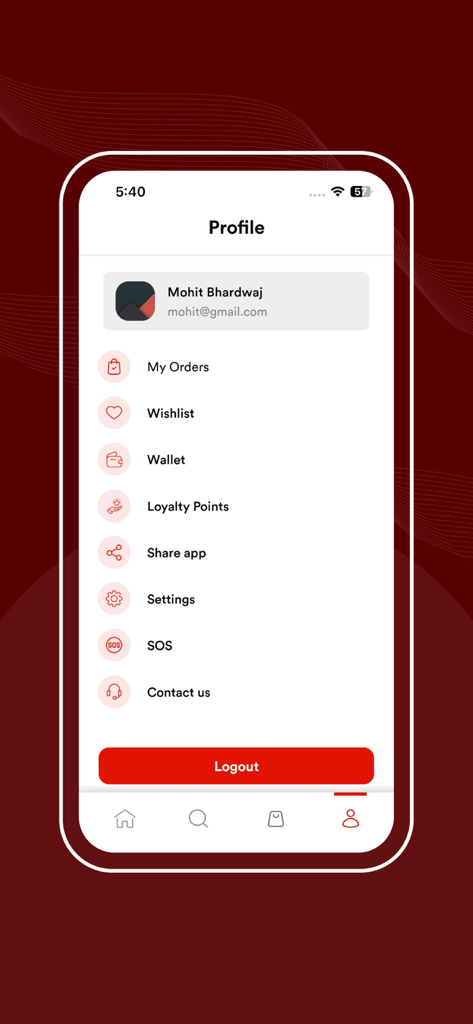 Insta Auto Parts - User profile interface of the Insta Auto Parts mobile app showing account menu and settings.