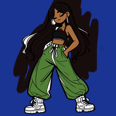 girl in baggy pants crop top and long hair