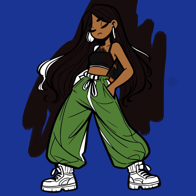 girl in baggy pants crop top and long hair