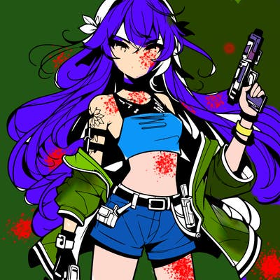 bad girl wearing crop top holding a gun long hair anime