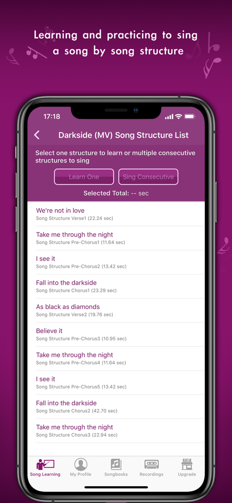 KaraDoReMi - Your Karaoke Pal - Pantalla de la aplicación KaraDoReMi que muestra partes de la canción como versos y estribillos para la práctica vocal