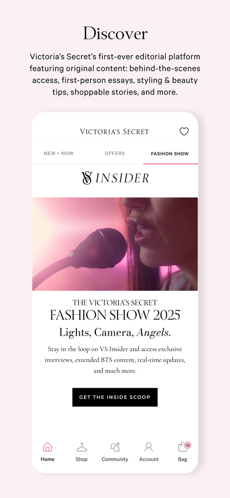 Tela Descobrir do aplicativo Victoria s Secret mostrando conteúdo editorial do VS Insider e atualizações do desfile de moda de 2025