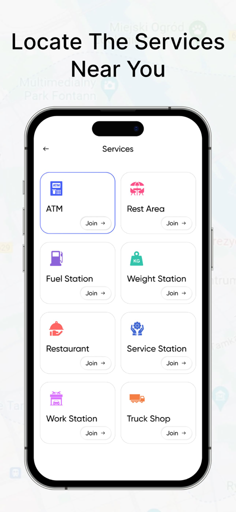 Truck Map Navigator: Truck GPS - Interface de l'application GPS pour camion affichant un menu pour localiser les services à proximité tels que les stations-service, les aires de repos et les postes de pesage.