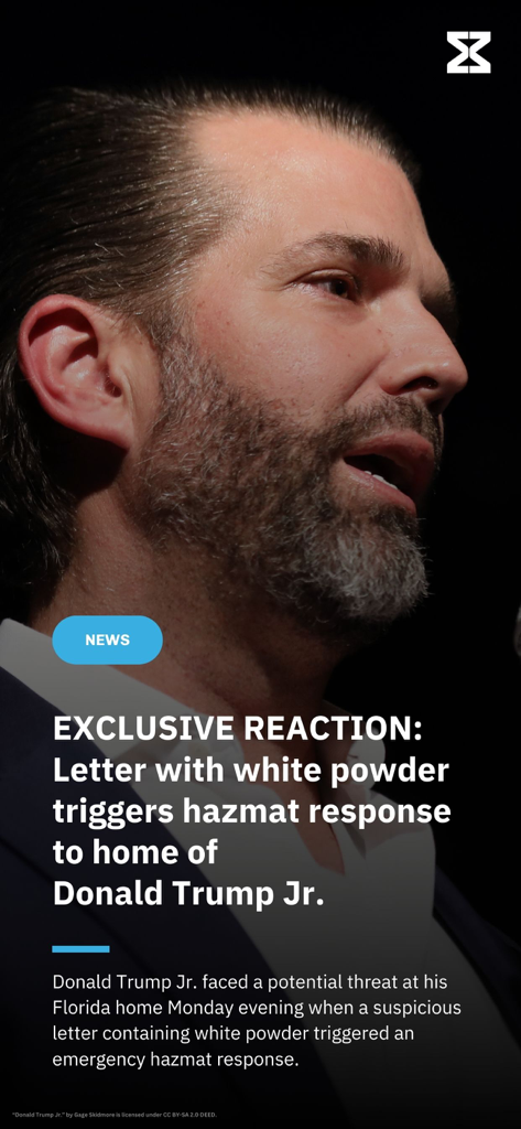 MxM News - 도널드 트럼프 주니어의 집에서 발생한 위험물 대응에 대한 독점 헤드라인을 보여주는 MxM 뉴스 앱 기사
