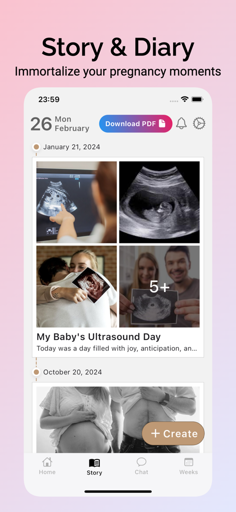 Count the Kicks - Kick Counter - Pregnancy diary and timeline feature in the Mia app showing ultrasound photos and baby milestones
