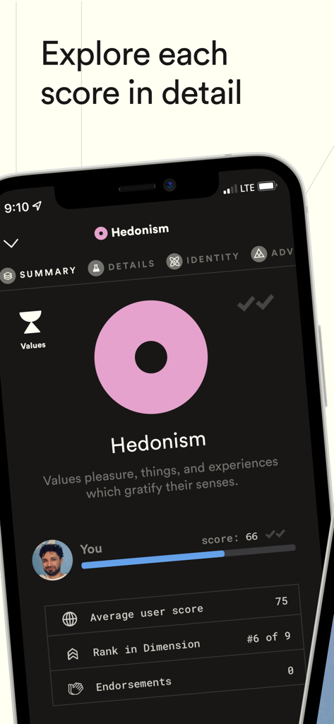Dimensional: Personality Test - Interfaz de aplicación móvil que muestra puntajes detallados de rasgos de personalidad y comparaciones