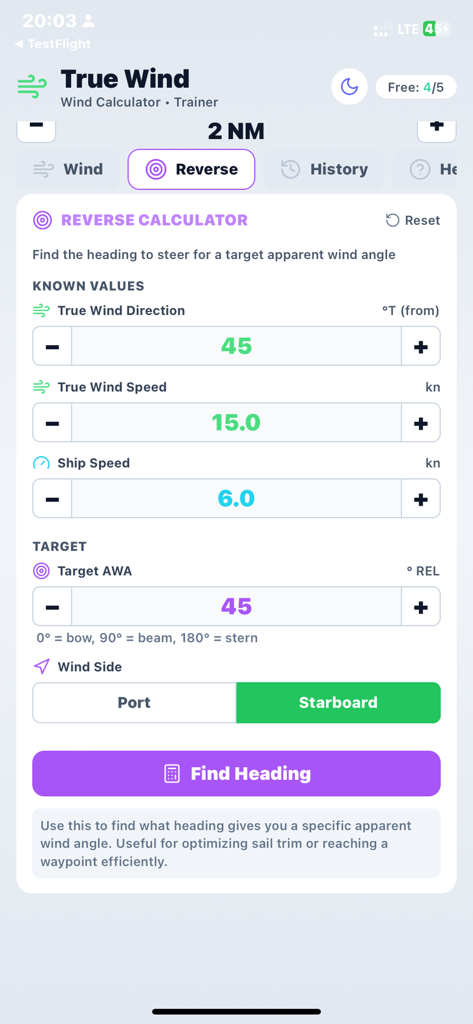 True Wind Pro - Interface of True Wind Pro showing the reverse calculator for finding heading based on wind direction and speed.