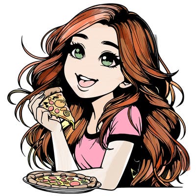 realistic girl with long hair and she's eating pizza