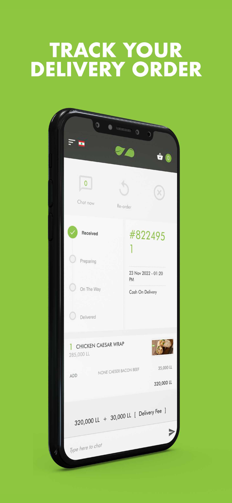 Zaatar w Zeit app interface for tracking a food delivery order showing status updates and order details.
