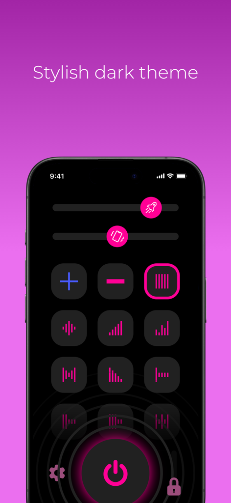 Massager: Strong Vibration! - iPhone displaying the Massager app dark theme with vibration pattern icons and a large power button