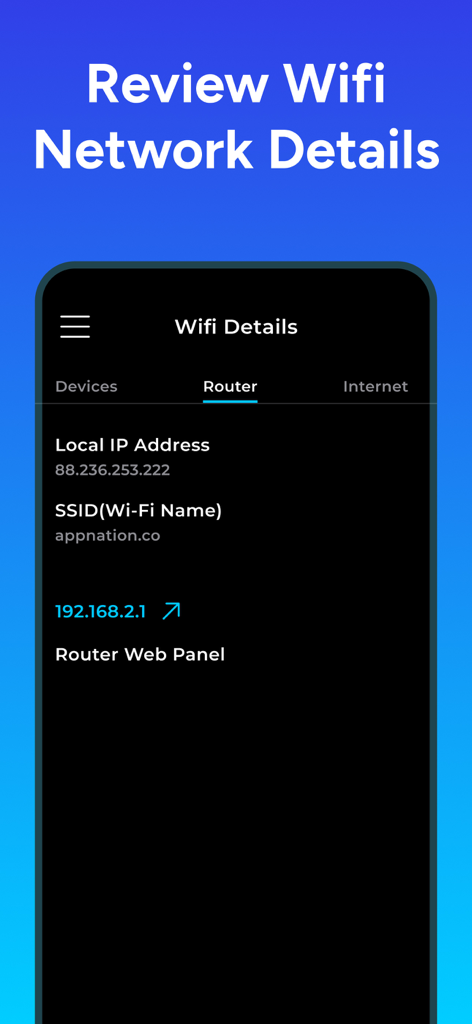 Wifi Analyzer: Network Scanner - A mobile app screen displaying wifi network details like local IP address and router information