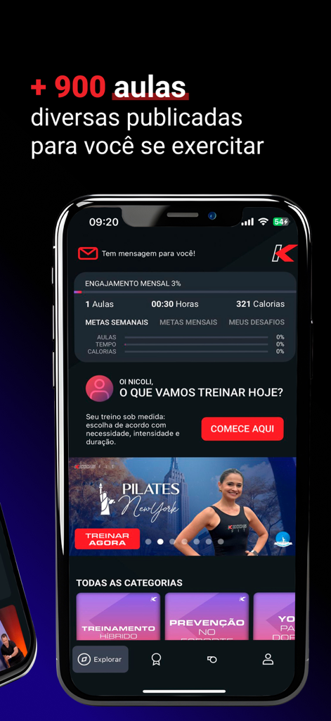 Kikos Fit - Kikos Fit app home screen showing workout categories and fitness tracking data.