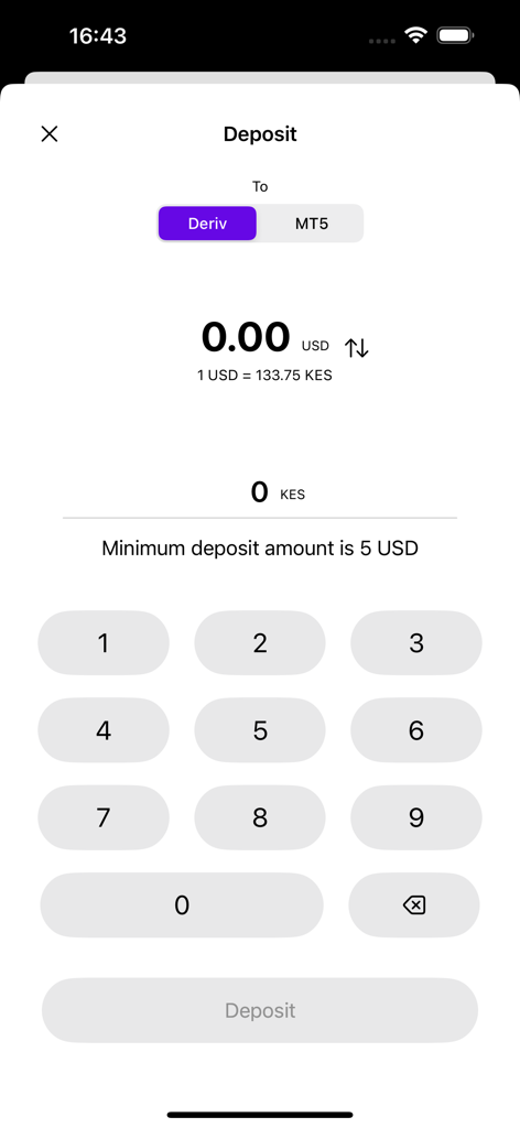 D-CASH - D-CASH app deposit interface showing currency conversion between KES and USD for funding Deriv or MT5 trading accounts.