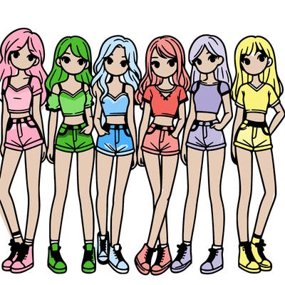 a group of girls wearing crop tops and shorts