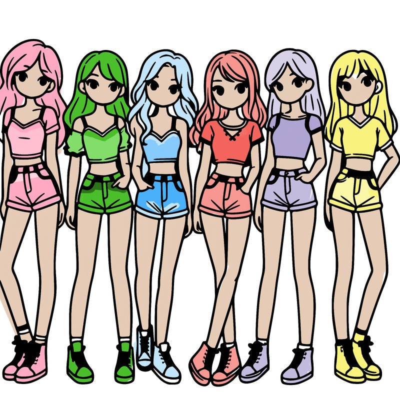 a group of girls wearing crop tops and shorts