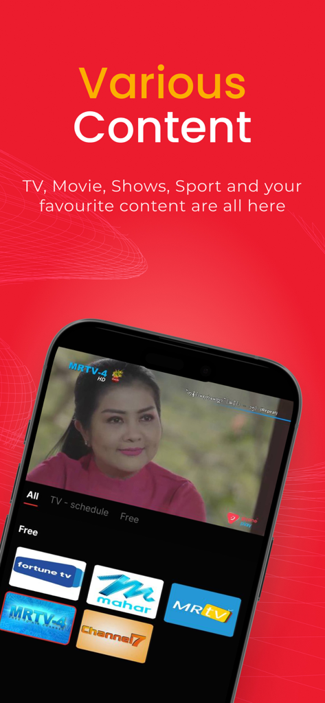 TV360 by Mytel - TV360 app screenshot showing various Myanmar TV channels and live video content