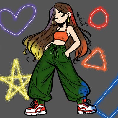 girl in baggy pants crop top and long hair