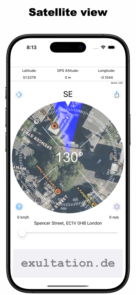 Aplicación móvil Compass Professional que muestra una superposición de brújula en un mapa satelital con coordenadas GPS y datos de altitud.