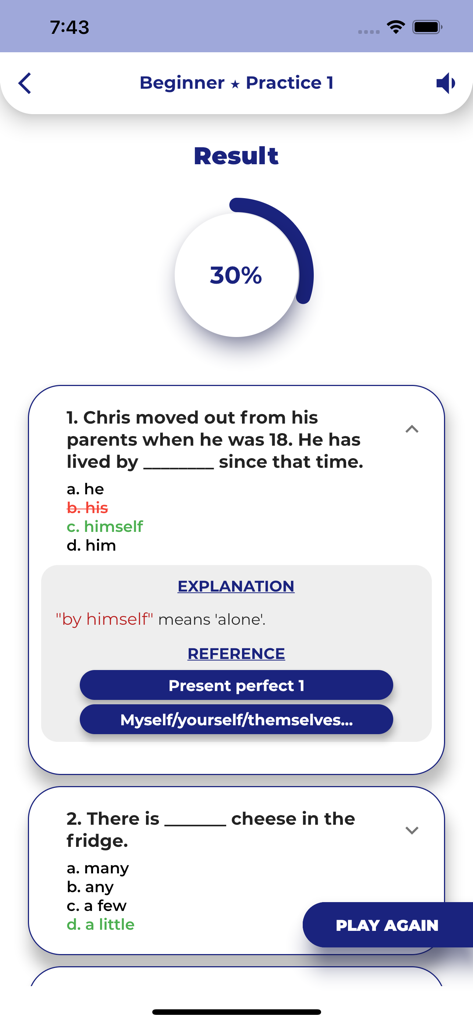 PORO - English Grammar - English grammar quiz result screen with a 30 percent score and detailed answer explanation