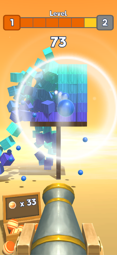 Knock Balls 게임에서 다채로운 블록 구조물에 공을 발사하는 대포