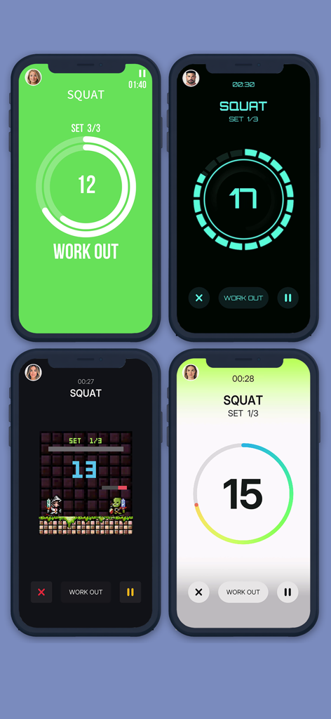 My Voice Counter : AI Trainer - Cuatro pantallas de smartphone que muestran diferentes temas elegantes y contadores de repeticiones para la app My Voice Counter AI Trainer durante un entrenamiento de sentadillas.