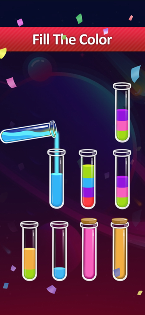 Water Sort Puzzle: Pour Color - Jugabilidad de Water Sort Puzzle mostrando líquido de colores vertiéndose en tubos de ensayo