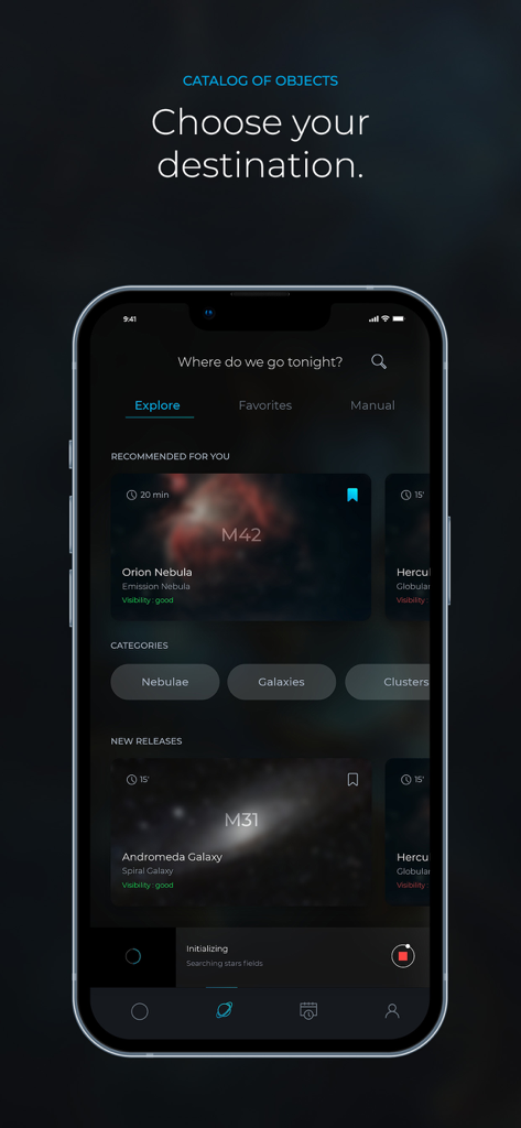 Interface de l'application Singularity by Vaonis affichant un catalogue d'objets de l'espace lointain, y compris la nébuleuse d'Orion et la galaxie d'Andromède.