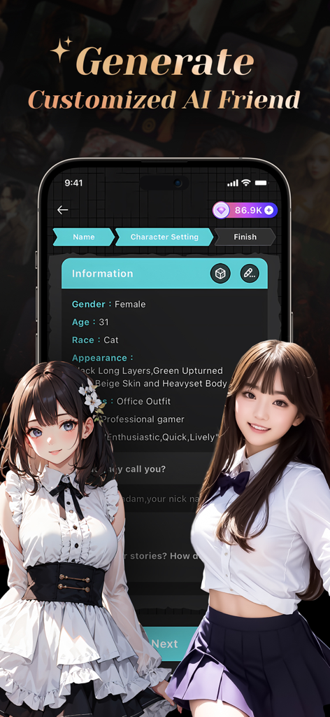 Interface for generating a customized AI friend in BALA AI app