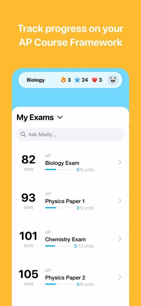 Medly - Ace AP - Interface do aplicativo Medly mostrando uma lista de exames AP com cronômetros de contagem regressiva e barras de progresso das unidades do curso