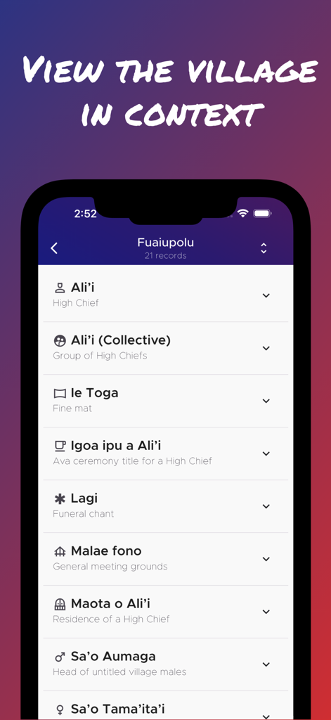 Captura de tela do aplicativo Faalupega mostrando uma lista de títulos honoríficos samoanos e registros culturais para a vila de Fuaiupolu