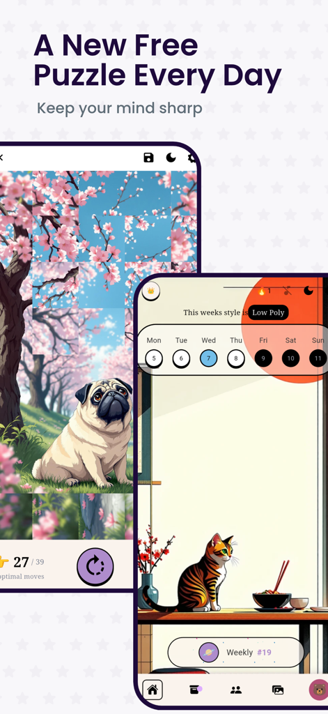 Capturas de pantalla de la aplicación Mosaic que muestran rompecabezas de arte diarios con un pug y un gato en entornos de cerezo en flor e interiores