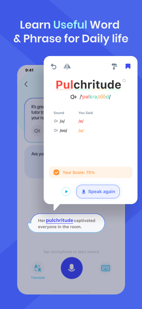 Hablo: Speak & Learn English - Hablo app interface showing English vocabulary pronunciation practice with AI tutor feedback and score