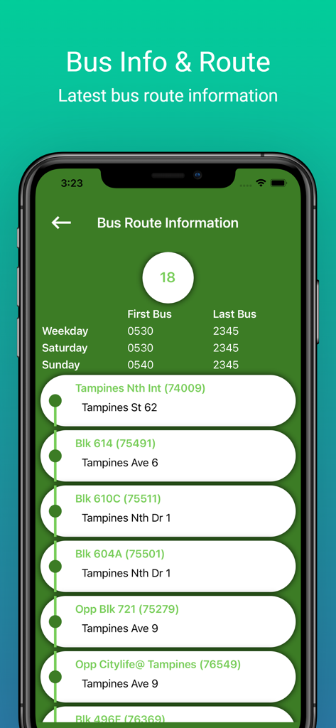 SG Bus (MRT map) - SG Bus app interface showing bus route 18 schedule and list of stops in Singapore