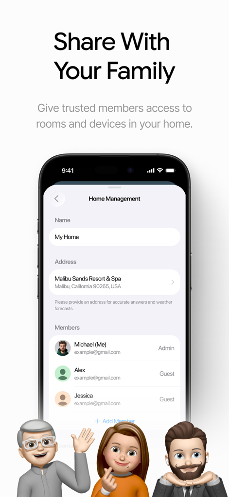 Pantalla de la Smart Life Home App mostrando la interfaz de gestión del hogar para compartir el acceso a dispositivos con miembros de la familia.
