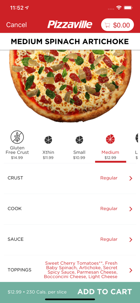 Pizzaville - Tela do aplicativo móvel Pizzaville para personalizar um pedido de pizza média de espinafre e alcachofra.