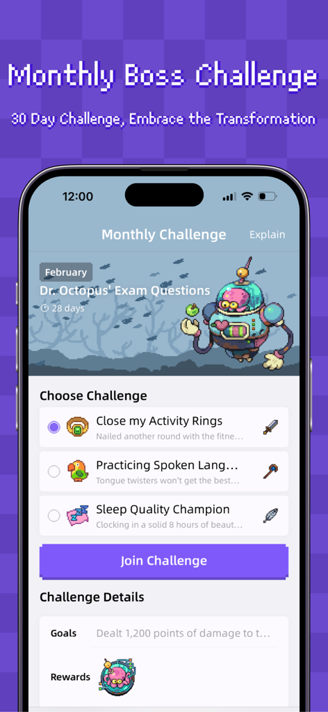 Habicat app monthly boss challenge screen with pixel art interface and habit selection