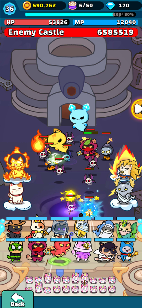 Kitty Keep™ - Screenshot of Kitty Keep mobile game showing cute cat commanders in a tower defense battle against an enemy castle