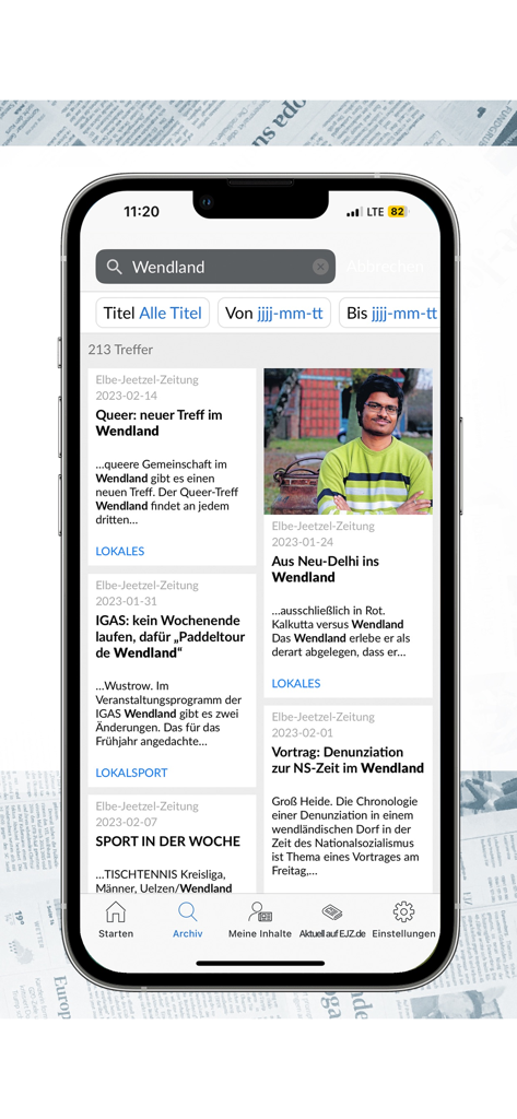 Elbe-Jeetzel-Zeitung | EJZ-App - Archive search interface in the EJZ news app showing local news results for the keyword Wendland.