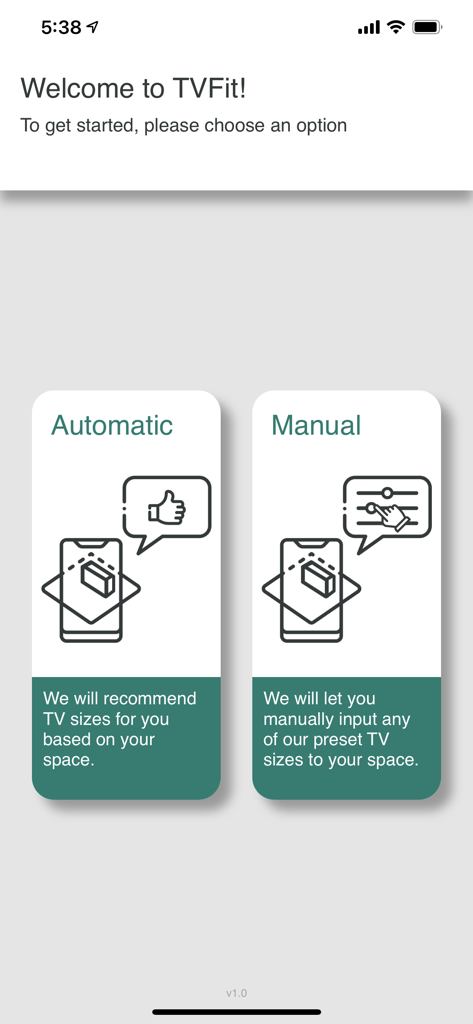 TVfit app welcome screen showing options for automatic or manual TV size recommendations