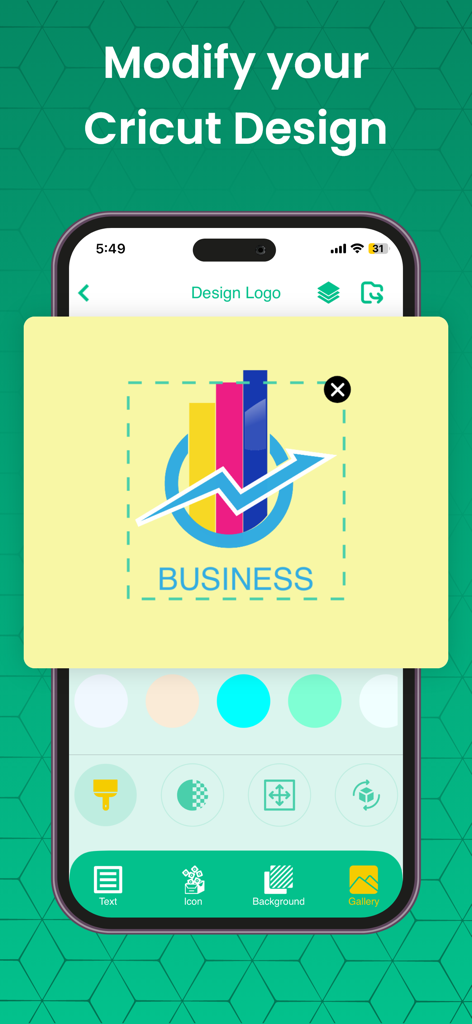 Interfaz de aplicación móvil de Design Studio Craft Space para editar un logotipo comercial y modificar diseños de Cricut