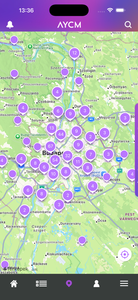 Interactive map in the AYCM app showing various fitness facility locations and gym clusters