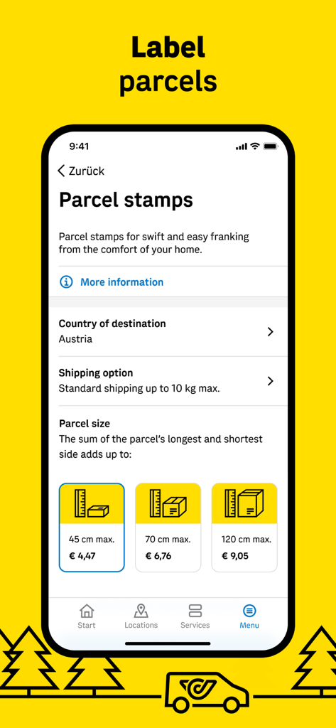 Interface for choosing parcel stamps and shipping sizes in the Austrian Post app.