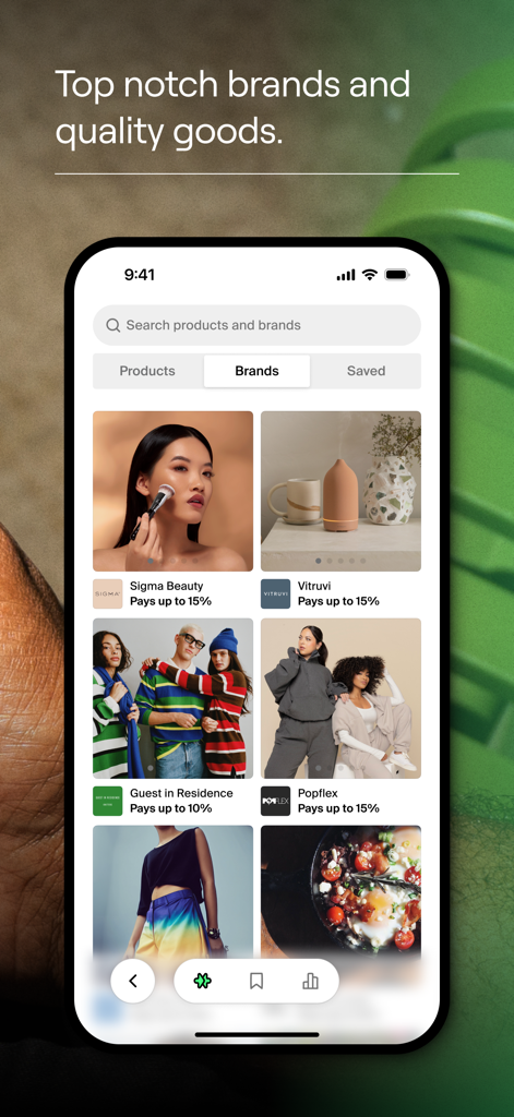 Collabs: Content commerce - A mobile interface from Shopify Collabs displaying various high-quality brands and their affiliate commission rates for creators.