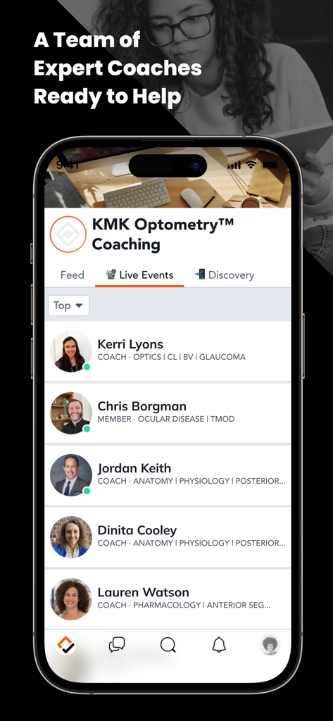 KMK Optometry Coaching - Interface of KMK Optometry Coaching app showing a list of expert coaches and their specialized areas of optometry study