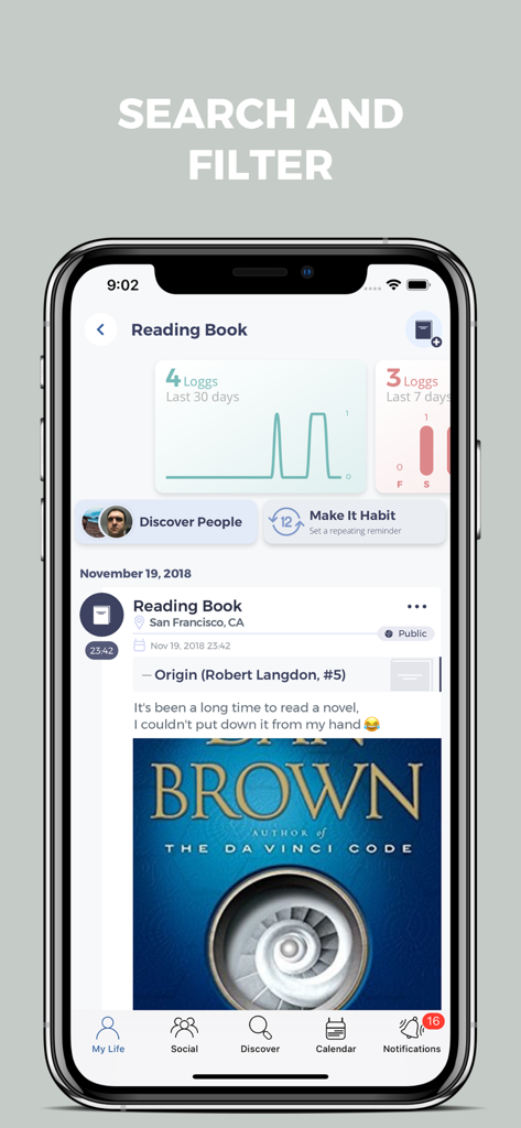 Logg: Personal Journal & Diary - Interface of the Logg app showing a reading journal entry with statistics and search filters