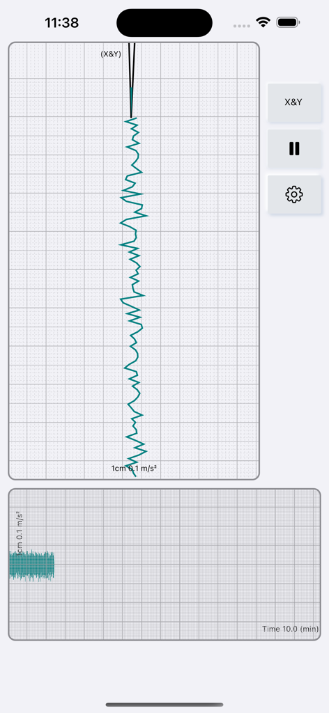 Echtzeit-Vibrationsanalyse- und seismische Aktivitätsdiagramme in der mobilen Seismometer plus App-Oberfläche.