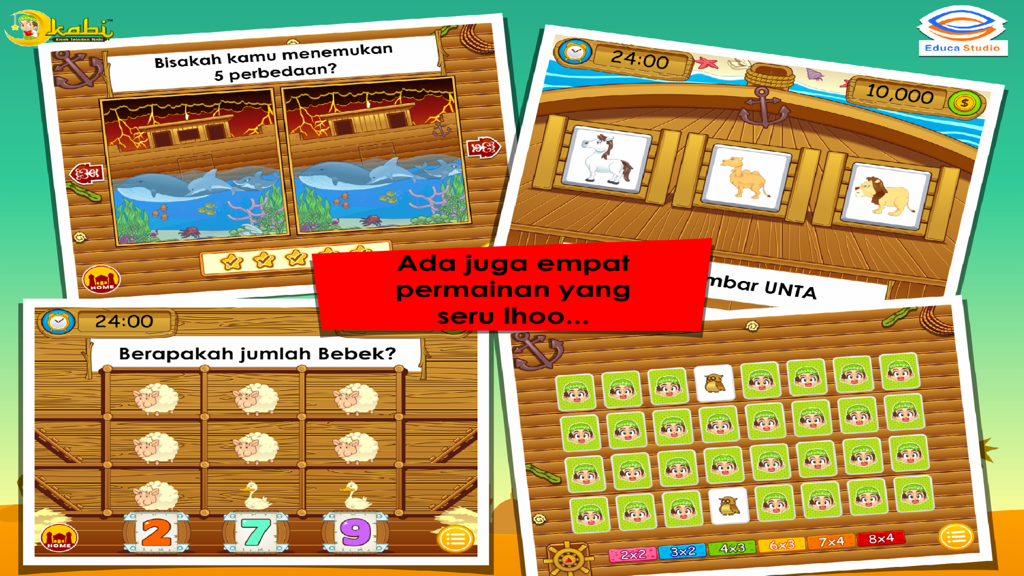 Kisah Nabi Nuh AS - Collage of four educational mini games for children including counting and memory matching from the Kisah Nabi Nuh Islamic storybook app