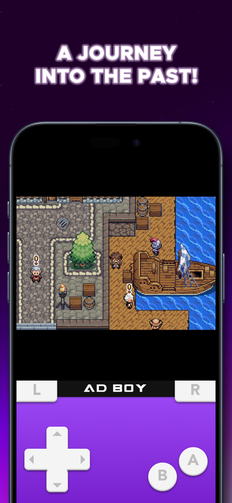 AD Boy: All-in-One-Emulator - AD Boy emulator playing a retro RPG game on an iPhone with a purple handheld console skin