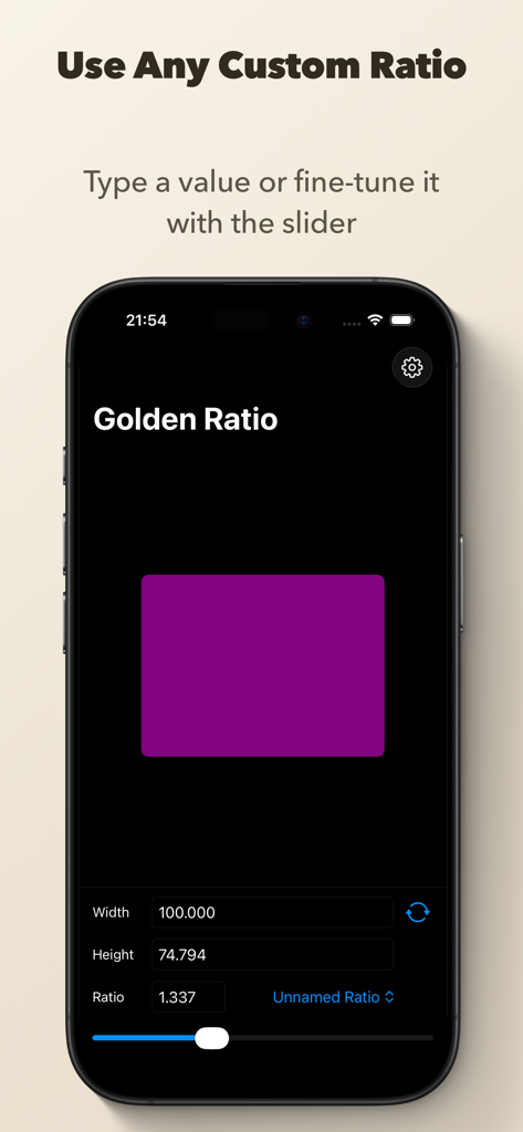 Golden Ratio Calculator++ - Interface of Golden Ratio Calculator++ showing custom ratio input and a visual rectangle preview.